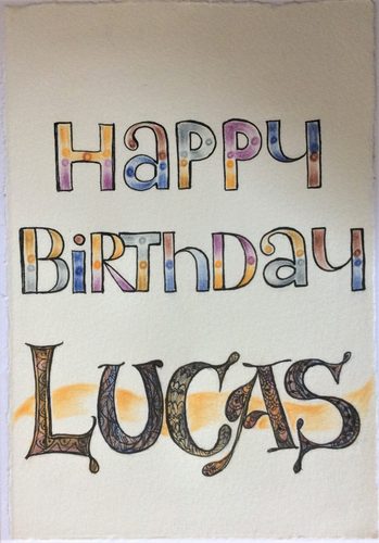 Coloured pencils and fineliner, Greeting card with calligraphy.